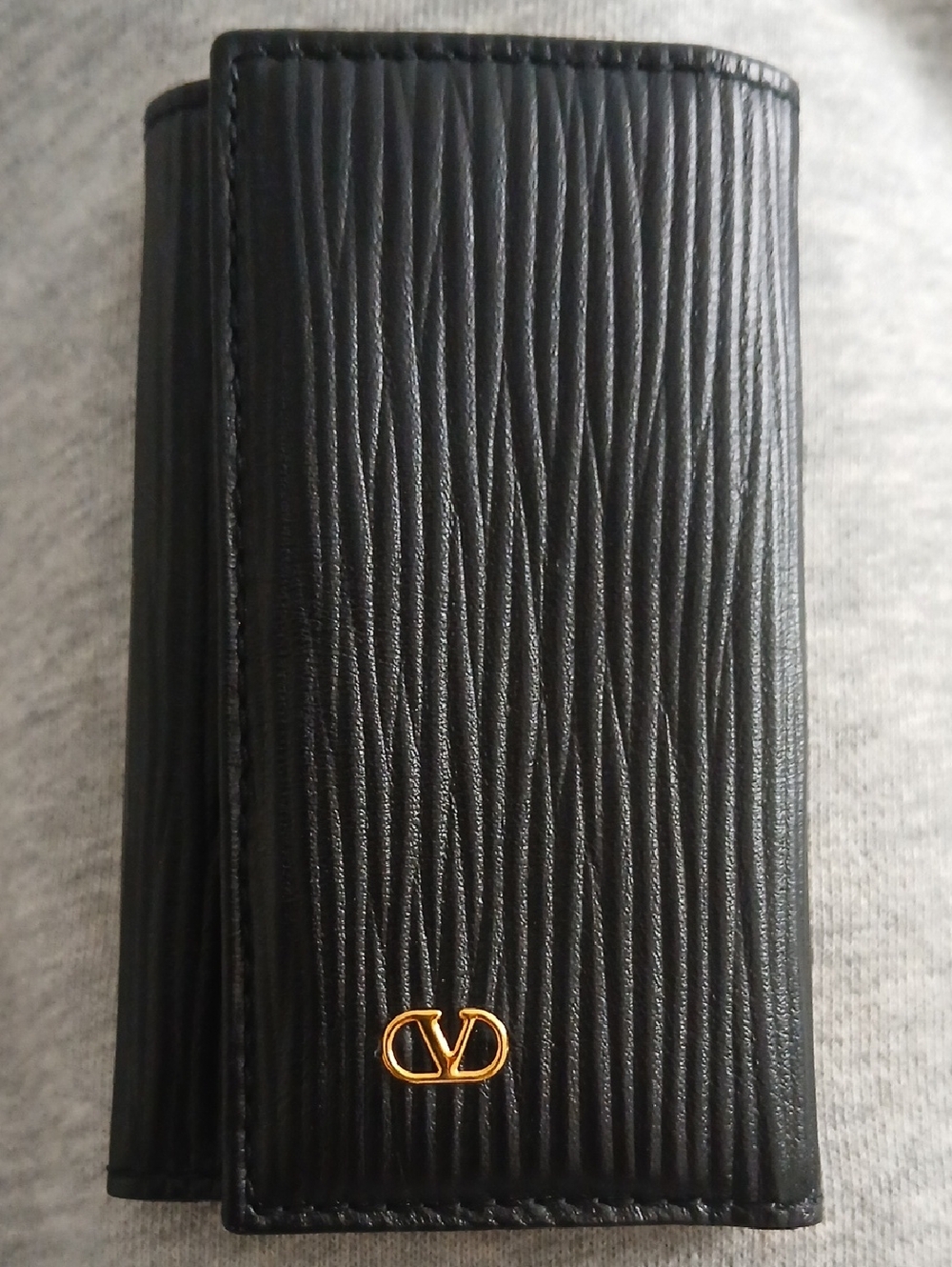 Valentino Black Textured Leather Key & Card Holder with Gold Logo